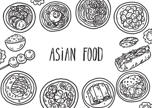 Hand drawn asian food sketch . Whimsical food and drink doodles set. Hand drawn vector illustration for menu, packaging design. Asian cuisine quirky icons, simple sketch style. Minimalist line art