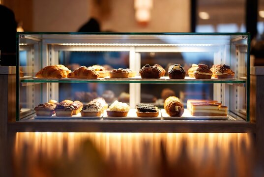 A display case filled with pastries is illuminated, suggesting a bakery or cafe.