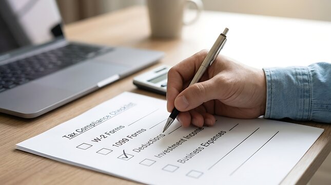 Hand holding a pen completing a tax compliance checklist with a laptop and calculator on a desk
