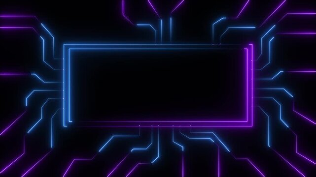 Abstract neon motherboard icon . 4k video animation . Circuit Board with neon line moving electrons Data Flow Loop Background Animation. Motion graphics of rectangle neon line
