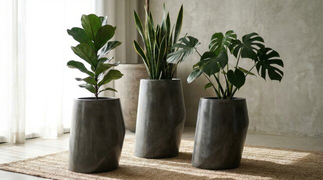 Three Sculptural Plant Stands Holding Lush Indoor Plants Amidst Natural Lighting