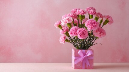 Fototapeta premium Elegant Pink Carnations in a Charming Gift Box on Soft Pink Background
