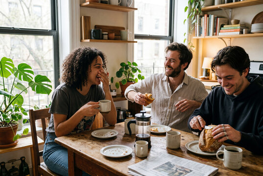 Three happy young adults sharing a meal and conversation at a wooden table in a sunlit apartment, featuring fresh coffee from a French press, artisan bread, and a warm, social atmosphere