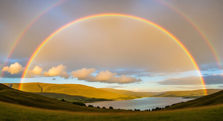 Fototapeta premium A vibrant double rainbow arching over a serene landscape with rolling hills and a tranquil lake
