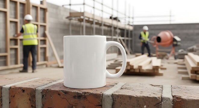 White coffee mug on brick wall with construction workers in background