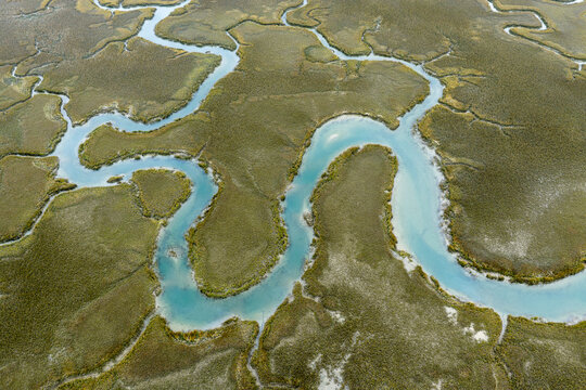 Aerial view of winding waterways carve through the marshland, creating a sinuous dance of turquoise against the backdrop of green and brown, Charleston, South Carolina, United States.