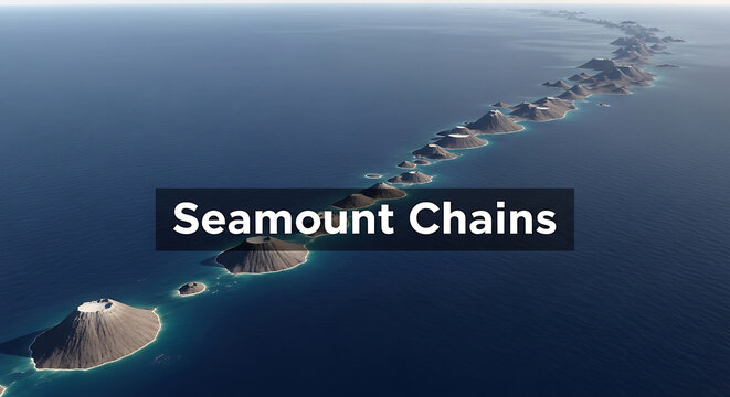 Aerial view of seamount chain in the ocean with underwater mountains and volcanoes forming a linear structure