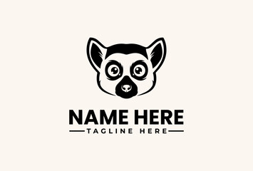 A simple black and white illustration of a lemur's head with big eyes, accompanied by a placeholder text 'NAME HERE' and 'TAGLINE HERE' on a clean white background, with a minimalist logo © vectorvovdesign