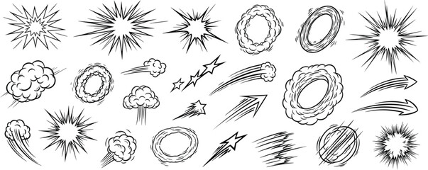 Hand drawn comic explosion effects collection with burst clouds speed lines arrows smoke blasts and dynamic action elements sketch vector illustration set © MdNipon