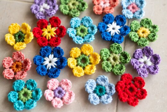 A collection of small, crocheted flower appliques in various colors. They are arranged on a white surface.