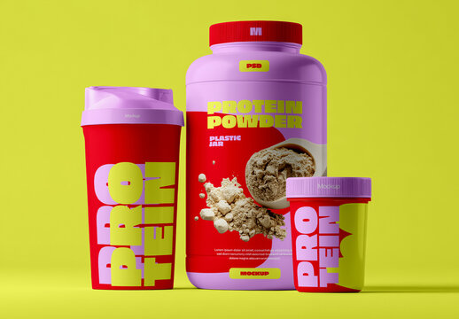 Protein Supplement Mockup Set With Containers and Shaker Bottle