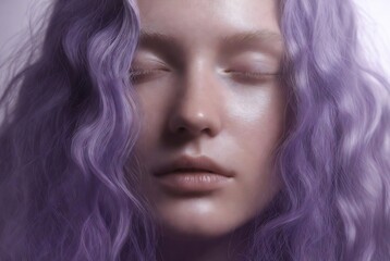Naklejka premium A woman with purple hair is meditating, her eyes closed, in a dark studio setting.