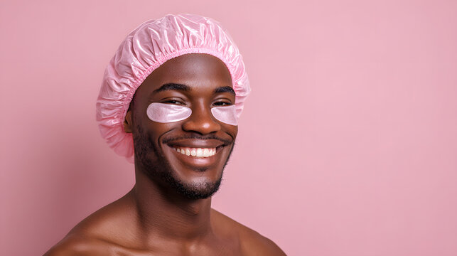 Man with eye patches and pink cap