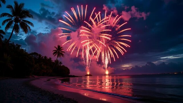 Colorful fireworks exploding over a beach at night with palm trees  