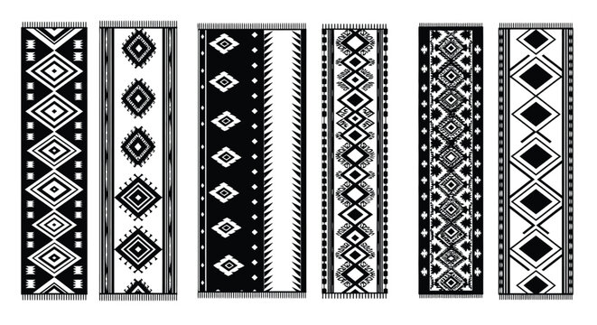 Six vertical bands displaying traditional black and white geometric patterns