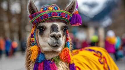 Fototapeta premium Cute Llama in Traditional Colorful Peruvian Andean Hat and Tassels