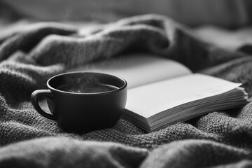 Fototapeta premium Moody Black and White Coffee and Notebook Scene in Minimalist Film Style