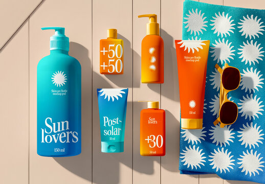 Skincare and Sunscreen Cosmetic Packaging Mockup Flat Lay With Beach Accessories
