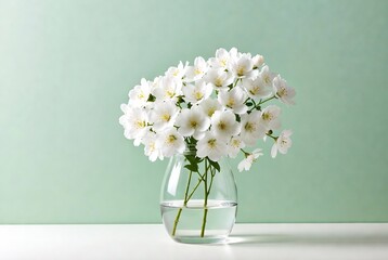 A vase of white flowers rests on a shelf against a pale green background.