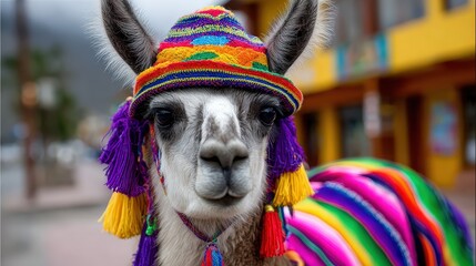 Fototapeta premium Colorful Peruvian Llama Wearing Traditional Knitted Hat and Tassels