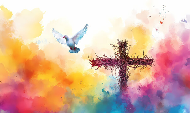Christian Cross of Thorns with White Dove in Flight on Colorful Watercolor Background for Easter and Peace
