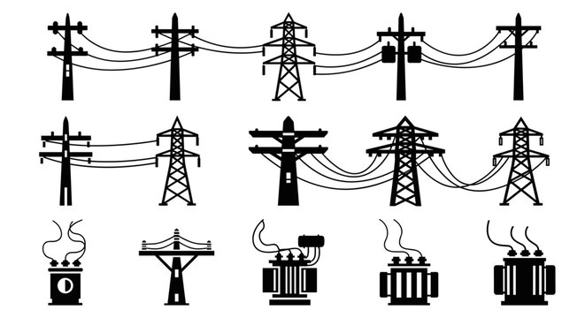 A collection of black and white electrical power line icons on transparent background