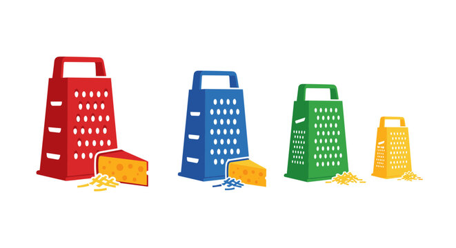 Colorful cheese graters in varying sizes and colors displayed on transparent background