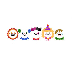 Fototapeta premium Cute Colorful Clown Faces Set – Funny Cartoon Circus Characters Collection