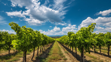 Obraz premium A picturesque vineyard on a sunny day with lush green grapevines