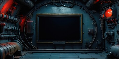 Fototapeta premium Dark metallic corridor. Central screen dominates space. Pipes, wires, lights suggest futuristic interior. Industrial aesthetic, ominous mood.