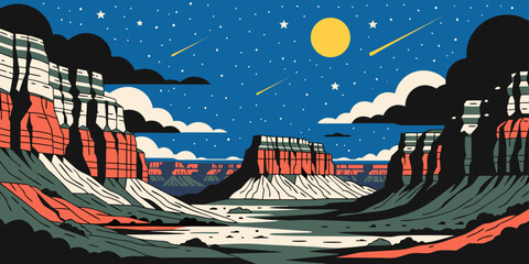 Naklejka premium Grand Canyon Starry Night – Deep Blue Sky Over Canyon Cliffs, Ultra‑Wide Flat Vector Illustration, Iconic Southwest Desert Landscape, United States