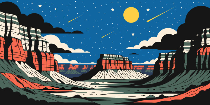 Grand Canyon Starry Night &ndash; Deep Blue Sky Over Canyon Cliffs, Ultra‑Wide Flat Vector Illustration, Iconic Southwest Desert Landscape, United States
