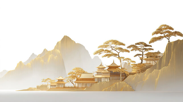 Chinese-style gilded landscape pavilion art illustration