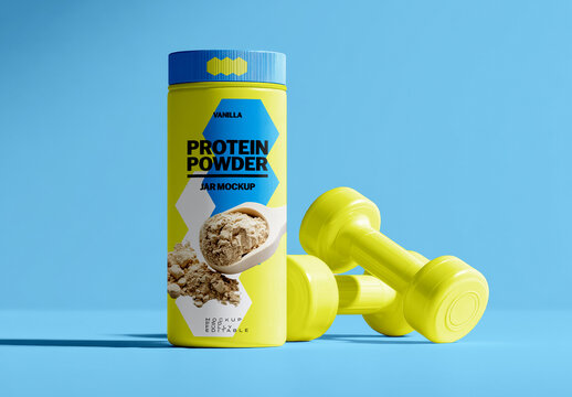 Protein Supplement Container Mockup With Scoop and Dumbbells