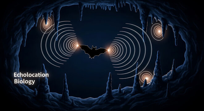 Bat using echolocation to navigate through cave with stalactites and stalagmites  illustration of biological sonar system in action