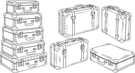 Set of vintage travel suitcases and antique luggage trunks vector illustration in hand drawn line art style for travel © NURUL