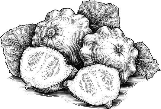Pattypan squash with green leaves, whole and sliced in engraving style