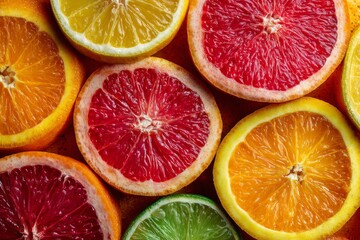 Fototapeta premium Colorful citrus slices background with orange lemon lime and grapefruit