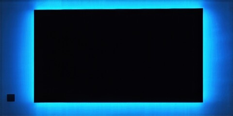 Fototapeta premium Rectangular black canvas surrounded by vibrant blue illumination. Dark background emphasizes glowing light source, modern aesthetic.