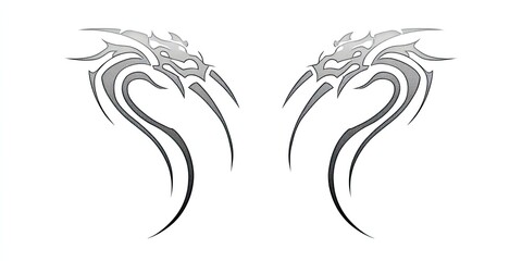 Obraz premium Two symmetrical tribal-style dragon head designs, curved bodies, in gray gradients, on a white backdrop