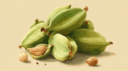 Green cardamom pods illustration with opened pod and seeds