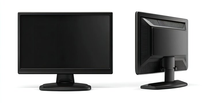 Two views of a black computer monitor; front-facing and angled back. Solid black screen