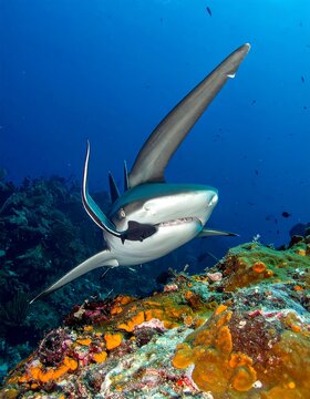 Underwater perspective of a thresher shark in its natural habitat