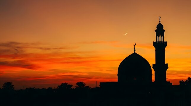 Silhouette of Mosque with Dome, Minaret and Palm Trees at Sunset, Crescent Moon in Orange Sky, Islamic Landscape Background for Ramadan Kareem.