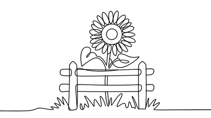Fototapeta premium Hand-Drawn Vibrant Sunflower Illustration in Rustic Garden Setting with Fence and Lush Greenery