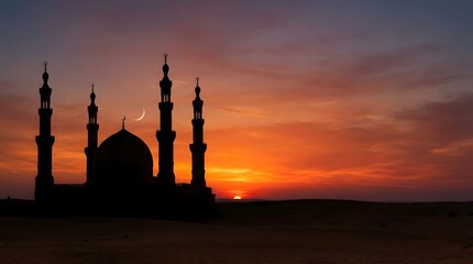 Silhouette of Arabic Mosque with Four Minarets and Crescent Moon at Orange Sunset in Desert, Islamic Architecture Background, Ramadan Kareem and Eid Mubarak Concept.