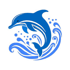 Vibrant blue dolphin leaping from stylized ocean waves. Clean, modern vector illustration on white background, perfect for summer themes, logos, and marine life designs. © RogueSkullWorks