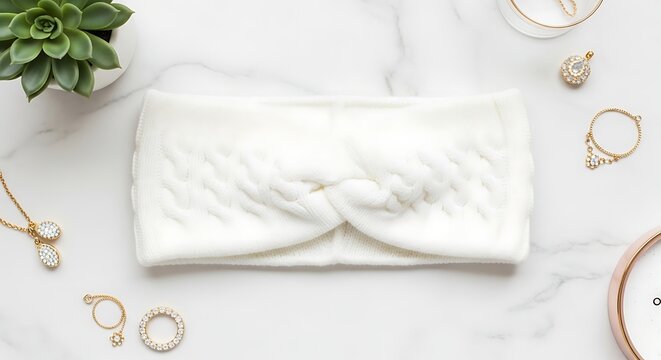 Luxurious soft white twisted headband displayed on a sleek marble surface, surrounded by elegant gold jewelry and a delicate succulent plant, perfect for beauty and fashion