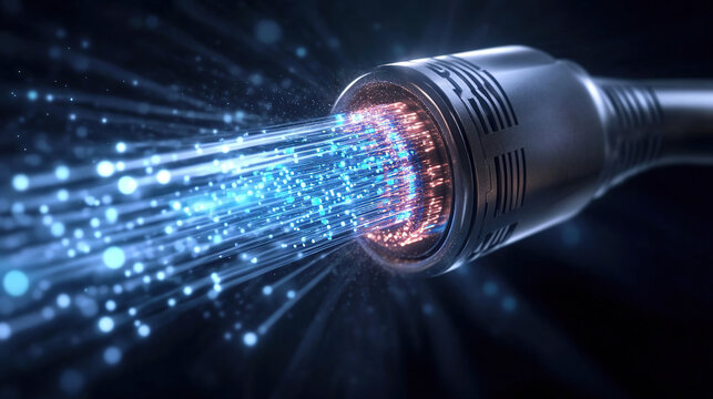Dynamic simulation illustration of optical signal transmission in fiber optic cables against a black background.