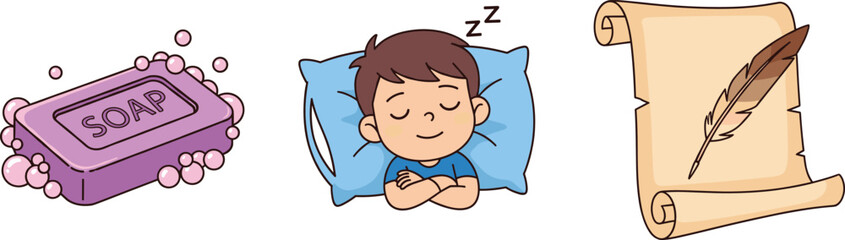 Bar of Purple Soap with Bubbles, Cute Boy Sleeping on a Blue Pillow, and Ancient Paper Scroll with Feather Quill Pen Vector Illustration Collection